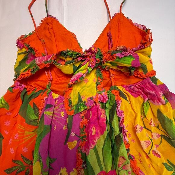 FARM Rio Tropical Patchwork Floral Ruffle Mini Dress Multicolor Boho Size Small - Picture 6 of 16